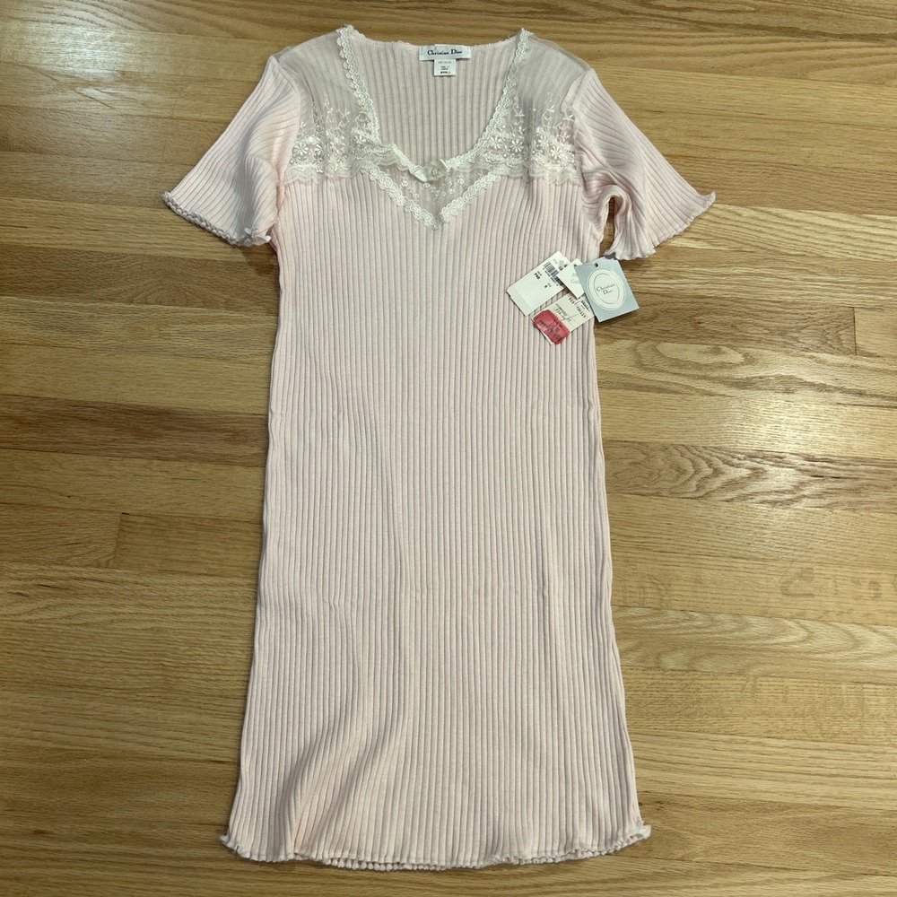 Vintage Christian Dior 100% Cotton Ribbed Lace Top NWT Deadstock Small Pink